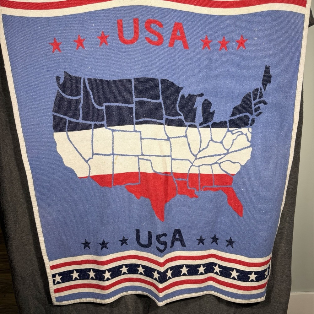 Vintage Crown Crafts Throw Blanket Patriotic Stars Stripes USA Made 1988 32X46